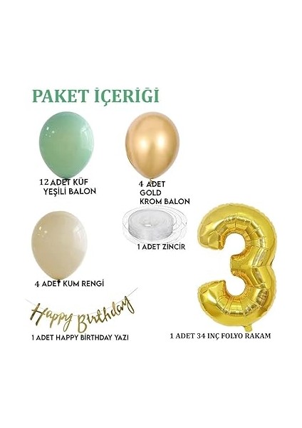 Yaş Küf Yeşili, Deniz Kumu ve Krom Gold Balonlu Konsept Doğum Günü Seti fiyatları