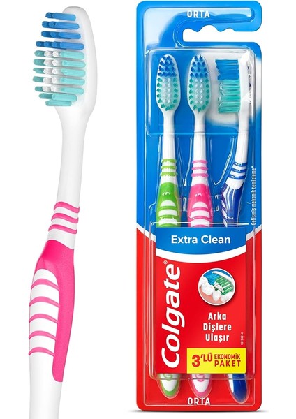 Extra Clean Dil Temizleyicili Arka Dişlere Uzanan Orta Diş Fırçası 3'lü Ekonomik Paket