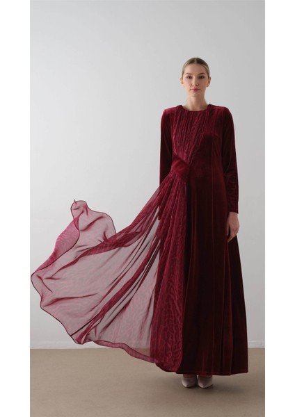 Önü Çapraz Şifon Desenli Kadife Elbise Bordo fiyatları