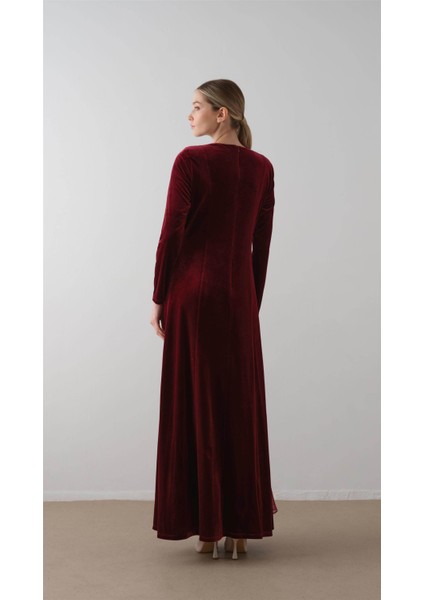 Önü Çapraz Şifon Desenli Kadife Elbise Bordo fırsatları