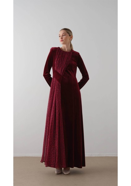 Önü Çapraz Şifon Desenli Kadife Elbise Bordo indirimleri