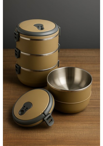 Yeni Renk 3 Katlı Sefer Tası Yemek Termosu Açık Kraft