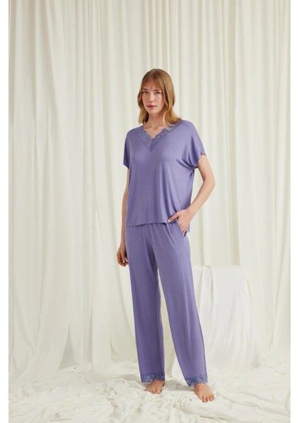 Monamise Kısa Kollu V Yakalı Dantelli Pijama Takımı modelleri