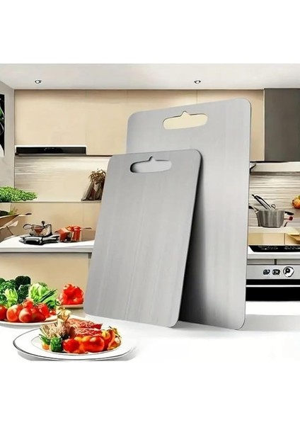 Kesme Tahtası 2'li Set Paslanmaz Çelik Gıda Temasına Uygun Hijyenik ve Dayanıklı Antibakteriyel 0,7 mm Kesim Panosu Levhası Cam Kesme Tahtası