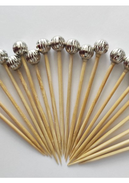 100 Adet Dekoratif Gümüş Çizgili Inci Boncuklu Pasta Kürdanı 6,5 cm - Boncuk 8 mm