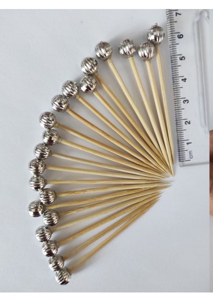 100 Adet Dekoratif Gümüş Çizgili Inci Boncuklu Pasta Kürdanı 6,5 cm - Boncuk 8 mm fiyatları