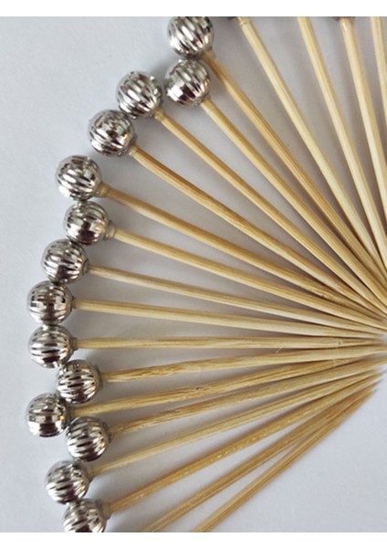 100 Adet Dekoratif Gümüş Çizgili Inci Boncuklu Pasta Kürdanı 6,5 cm - Boncuk 8 mm modelleri