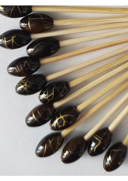 50 Adet Dekoratif Lüks Kahve Gold Varak Boncuklu Pasta Kürdanı 6,5 cm - Boncuk 12 mm