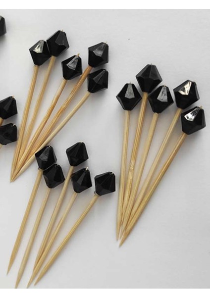 100 Adet Dekoratif Siyah Piramit Boncuklu Pasta Kürdanı 6 cm - Boncuk 10 mm