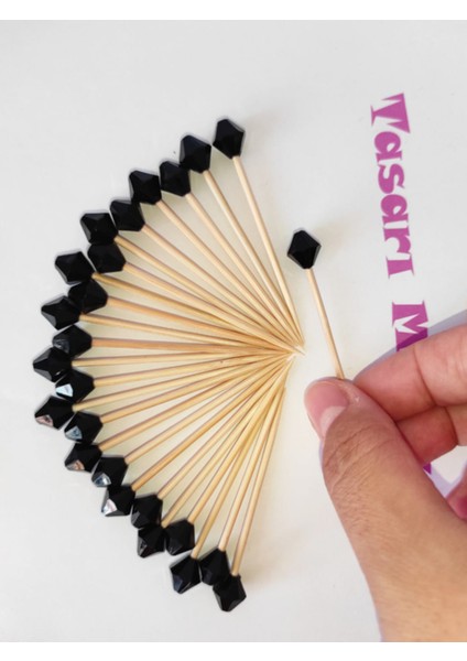 100 Adet Dekoratif Siyah Piramit Boncuklu Pasta Kürdanı 6 cm - Boncuk 10 mm modelleri