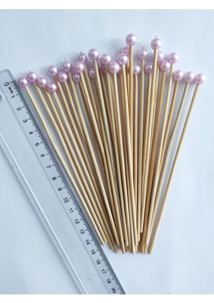 15 cm Uzun Kürdan - 30 Adet Dekoratif Pembe Inci Boncuklu Kokteyl Kürdanı