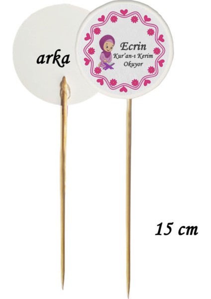 Beyhan Bayhan 15 cm Uzun Kürdan - 20 Adet Kişiye Özel Pembe Kalpli Kur'an-I Kerim Okuyor Baskılı Kürdan