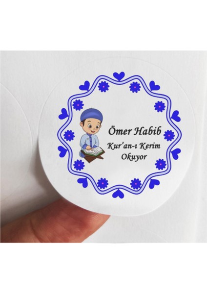 48 Adet 4 cm Kişiye Özel Mavi Erkek Çocuklu Kuran Okuyor Baskılı Mat Etiket Sticker
