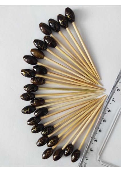 50 Adet Dekoratif Lüks Kahve Gold Varak Boncuklu Pasta Kürdanı 6,5 cm - Boncuk 12 mm modelleri