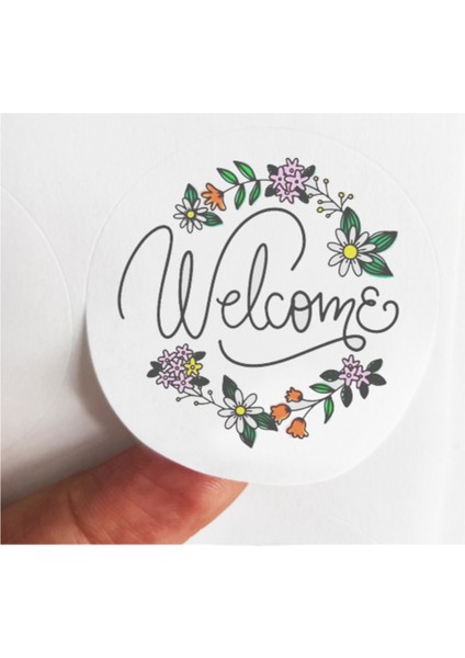 48 Adet 4 cm Çiçekli Welcome Baskılı Mat Etiket Sticker