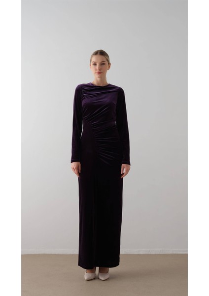 Önü Büzgülü Kadife Elbise Mor