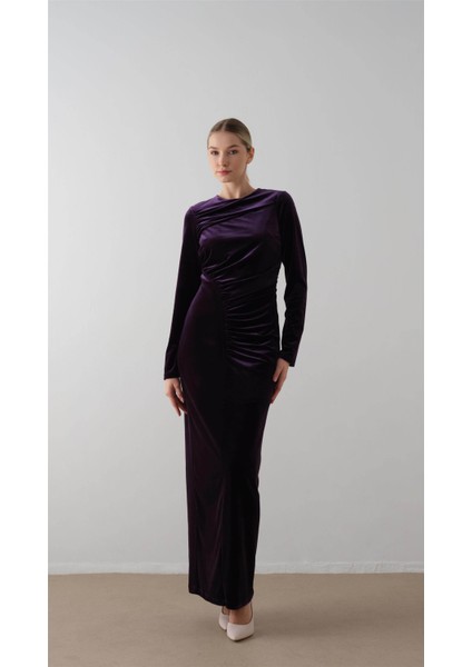 Önü Büzgülü Kadife Elbise Mor fiyatları