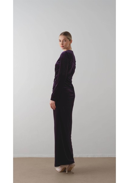 Önü Büzgülü Kadife Elbise Mor modelleri