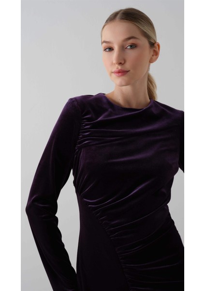 Önü Büzgülü Kadife Elbise Mor fırsatları