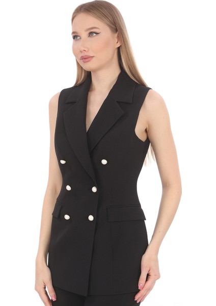 Siyah Slim Fit Krep Inci Düğmeli Trendy Kruvaze Yelek - En Şık, Rahat ve Çok Yönlü Tasarımı fiyatları