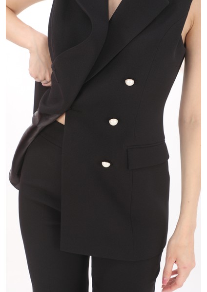 Siyah Slim Fit Krep Inci Düğmeli Trendy Kruvaze Yelek - En Şık, Rahat ve Çok Yönlü Tasarımı modelleri