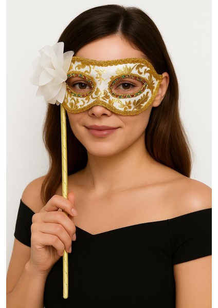 Sepetim Lüks Taşlı Saplı Maskeli Balo Maskesi Beyaz Renk 35 cm