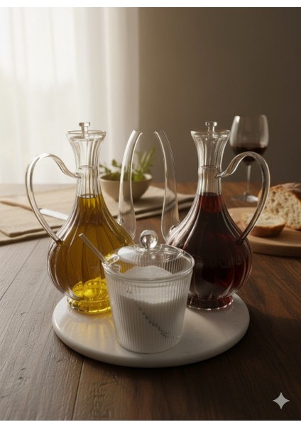 Cam Yağlık ve Tuzluk Seti – Mermer Altlıklı Şık Sunum 3'lü Set Glorry Çizgili Tasarım
