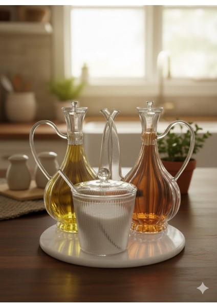 Cam Yağlık ve Tuzluk Seti – Mermer Altlıklı Şık Sunum 3'lü Set Glorry Çizgili Tasarım fiyatları