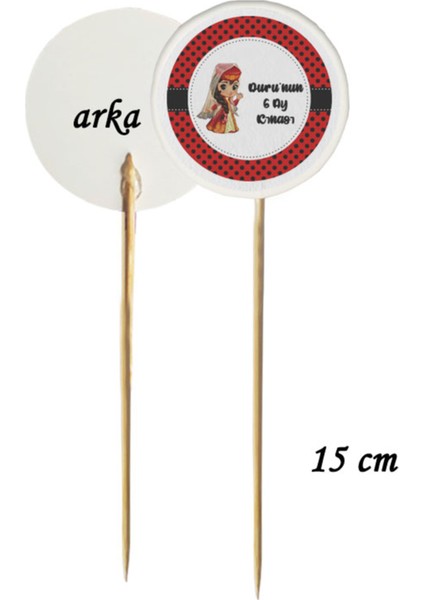 15 cm Uzun Kürdan - 20 Adet Kişiye Özel Yuvarlak Bayraklı 6 Ay Kınası Pasta Kürdanı -2