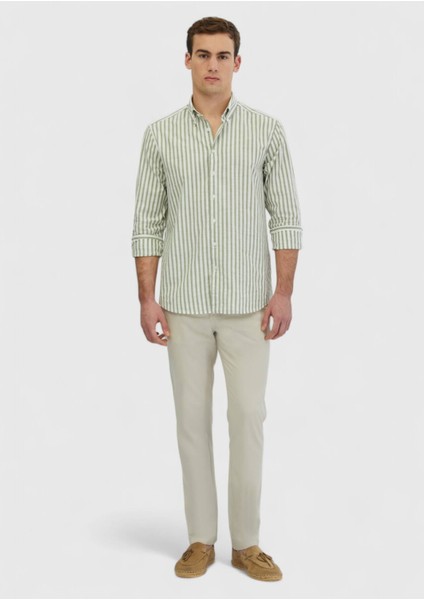 Açık Yeşil Çizgili Casual Fit Dokuma Casual %100 Pamuk Gömlek