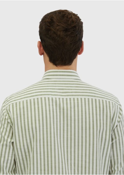 Açık Yeşil Çizgili Casual Fit Dokuma Casual %100 Pamuk Gömlek indirimleri