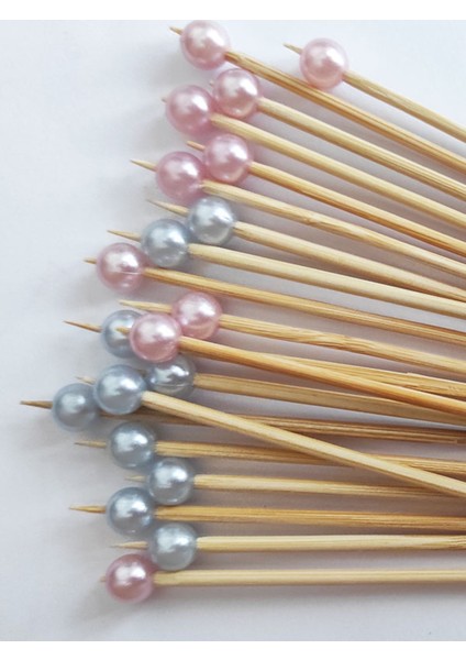 15 cm Uzun Kürdan - 20 Adet Pembe Mavi Yuvarlak Inci Boncuklu Kokteyl Karıştırıcı -Inci 8 mm