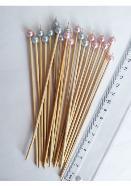 15 cm Uzun Kürdan - 20 Adet Pembe Mavi Yuvarlak Inci Boncuklu Kokteyl Karıştırıcı -Inci 8 mm modelleri