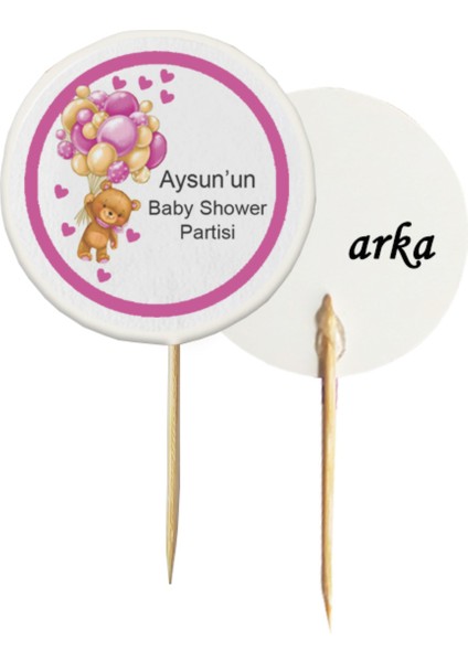 20 Adet Kişiye Özel Baskılı Pembe Baby Shower Partisi Pasta Kürdanı 6,5 cm -2