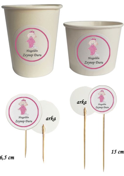 40 Parça Kişiye Özel Pembe Bebekli Hoşgeldin Bebek Kürdan Seti Bardak Kase Kısa ve Uzun Kürdan