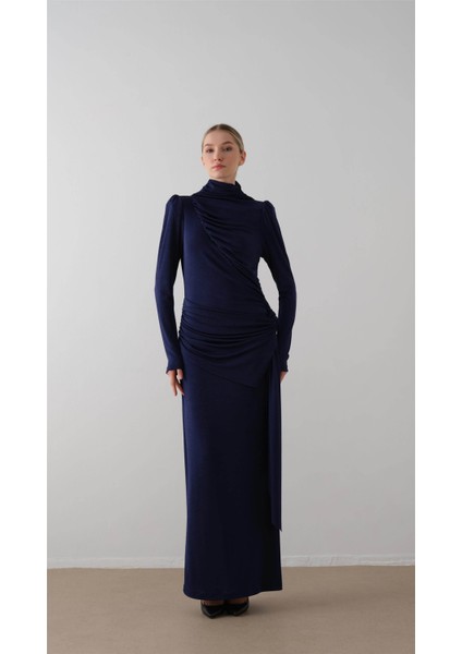 Dökümlü Örme Elbise Lacivert