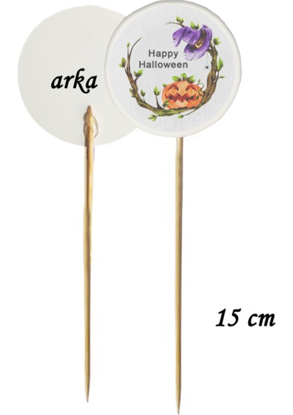 15 cm Uzun Kürdan - 20 Adet Sarmaşıklı Balkabağı Happy Hallowen Baskılı Kokteyl Kürdanı