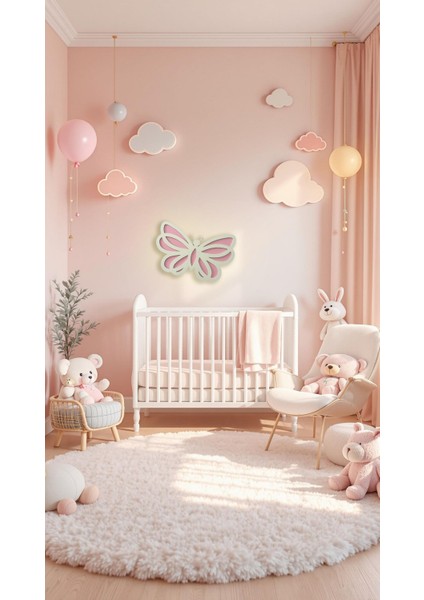 Çocuk Odası Dekoratif Ahşap Büyük Kelebek Gece Lambası Duvar Dekorasyonu