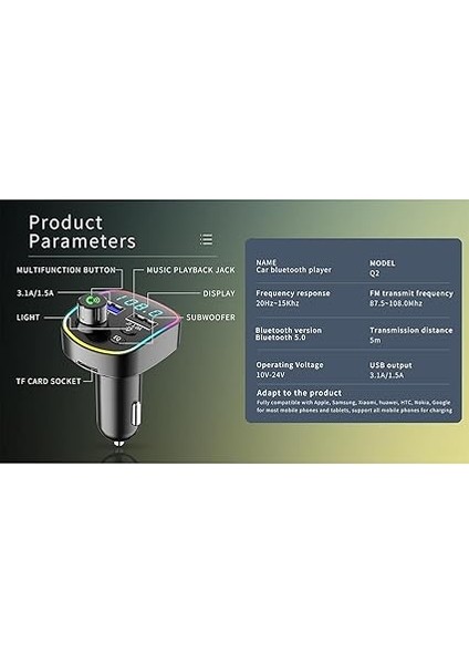 Rgb Renkli Fm Transmitter Mp3 Çalar Bluetooth 5.3 Çakmaklık Hızlı Şarj Aleti (Rgb LED Işıklı Bt 5.0) modelleri