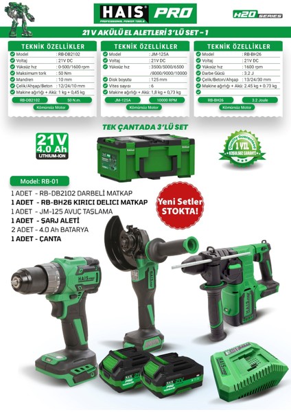 Haispro Akülü Set - 3'lü Profesyonel Akülü Set + 2x4 Ah Çift Akü - Rb-01