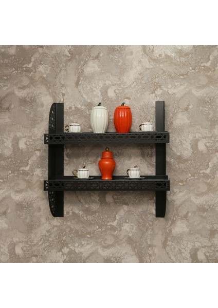 Metal Duvar Rafı – 2 Katlı Dekoratif Lazer Kesim Raf | Modern – Klasik Tarz | 65X65 cm (Siyah / Gold / Beyaz)