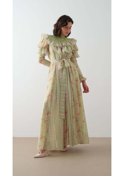 Ön Robası ve Kolları Kabarık Elbise Yağ Yeşili