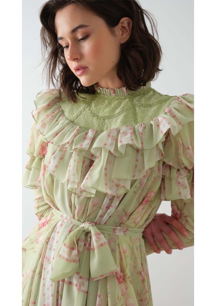 Ön Robası ve Kolları Kabarık Elbise Yağ Yeşili fiyatları