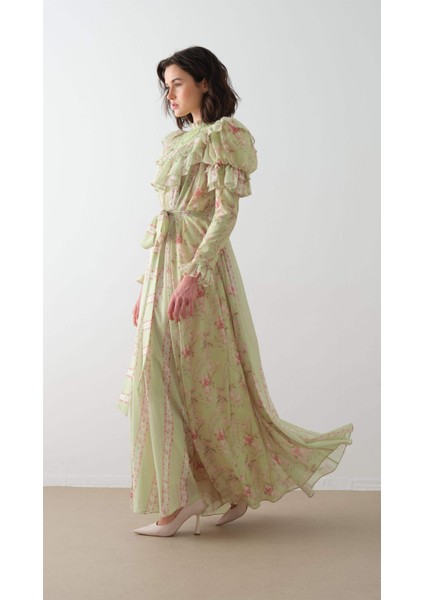 Ön Robası ve Kolları Kabarık Elbise Yağ Yeşili fırsatları