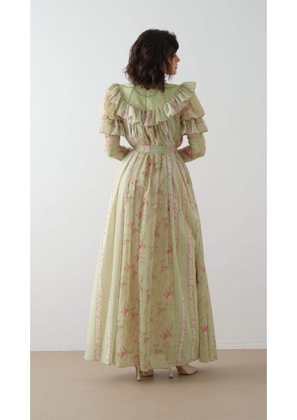 Ön Robası ve Kolları Kabarık Elbise Yağ Yeşili indirimleri