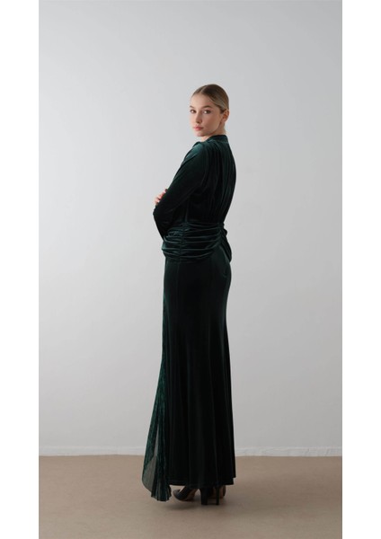 Ön Ortası Simli Kadife Elbise Yeşil fiyatları