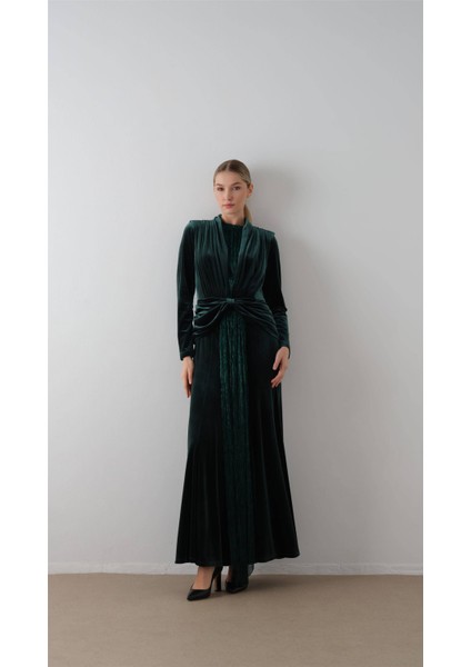 Ön Ortası Simli Kadife Elbise Yeşil indirimleri