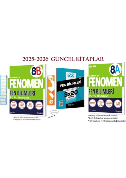 8. Sınıf 8 Fen Bilimleri A ve B Soru Bankası 2025-2026 ve 3X20 Fen Bilimleri Genel Deneme+Kalem