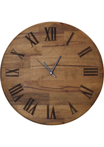 Romen Rakamlı Lazer Kazıma Ahşap Duvar Saati - 42CM Sessiz Mekanizma - Ceviz Rengi