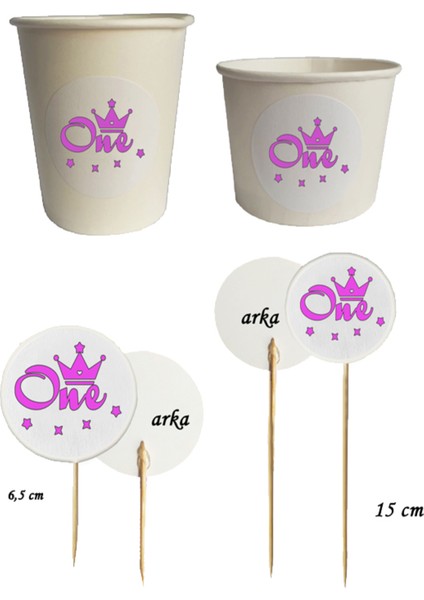 40 Parça Pembe One Bir Yaş Baskılı Kürdan Seti - Bardak Kase Kısa ve Uzun Kürdan